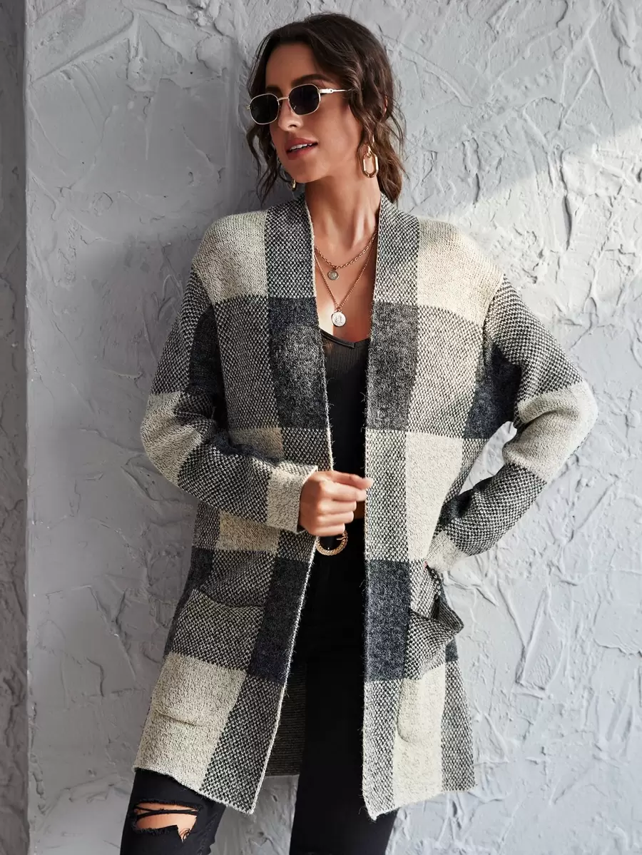 SHEIN LUNE Patch Pocket Gingham Cardigan - Multicolor - View 1