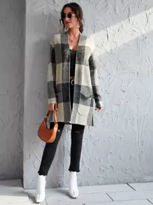 SHEIN LUNE Patch Pocket Gingham Cardigan - Multicolor - View 4