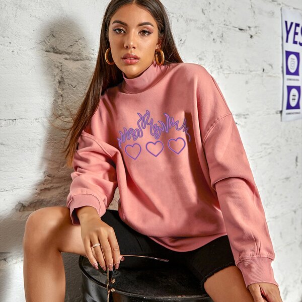 

Fire & Heart Print Oversized Sweatshirt, Dusty pink
