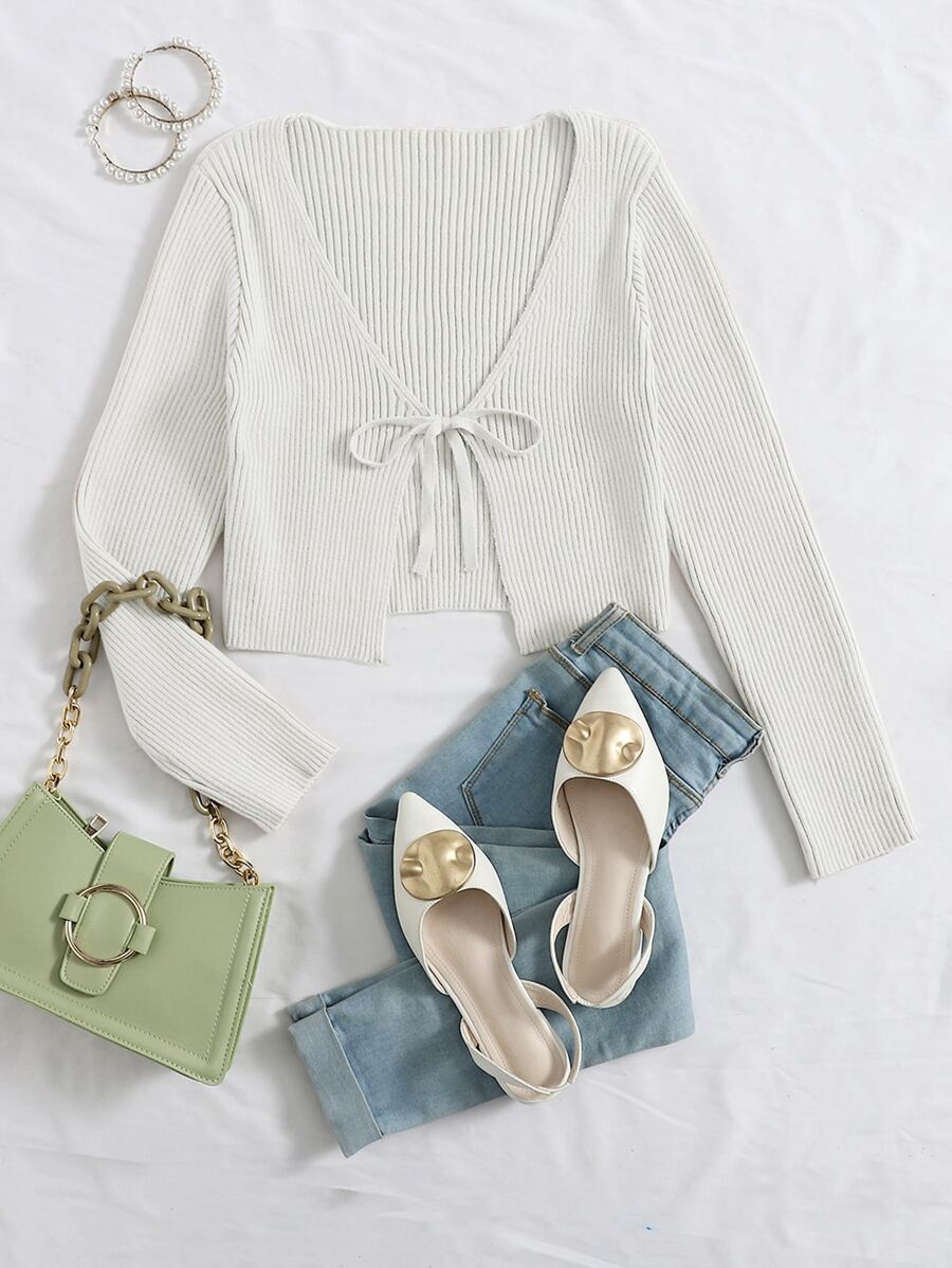 SHEIN EZwear Cárdigan de punto acanalado con nudo delantero, Tops de manga larga