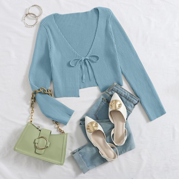 

Tie Front Rib-knit Cardigan, Baby blue