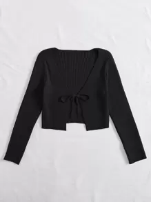 SHEIN EZwear Tie Front Rib-Knit Cardigan,Long Sleeve Tops In Fall/Winter - Black - View 3