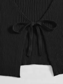 SHEIN EZwear Tie Front Rib-Knit Cardigan,Long Sleeve Tops In Fall/Winter - Black - View 4