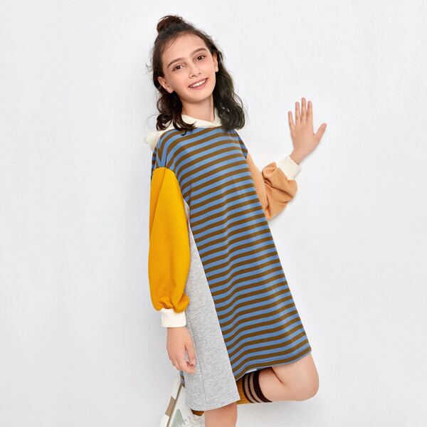 

Girls Colorblock Stepped Hem Striped Hooded Dress, Multicolor