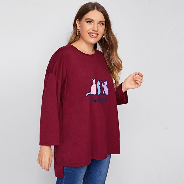 

Plus Cat & Letter Graphic High Low Tee, Burgundy
