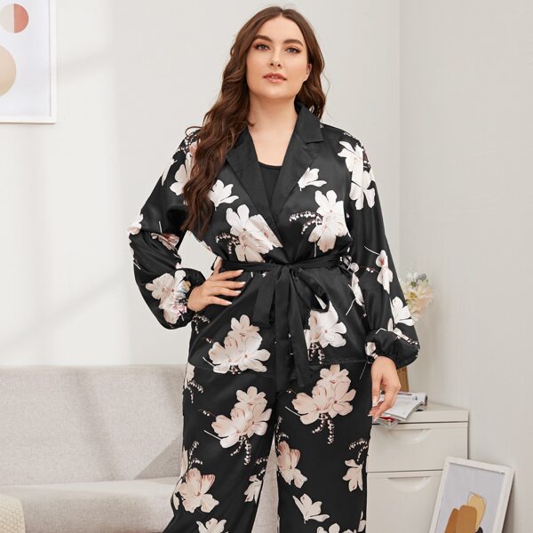 

Plus Satin Lapel Collar Floral Print Belted Pajama Set, Black