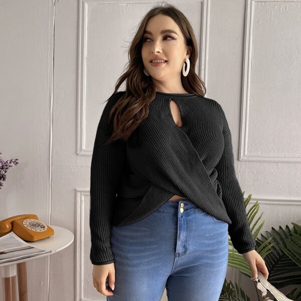

Plus Keyhole Neck Twist Sweater, Black
