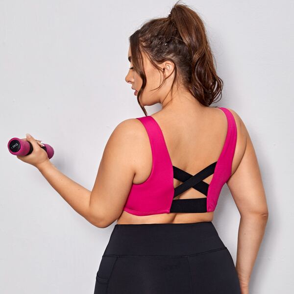 

Plus Solid Criss Cross Back Sports Bra, Hot pink