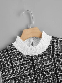 Celure Plus Tweed Frill Trim Curved Hem Blouse - Black and White - View 4