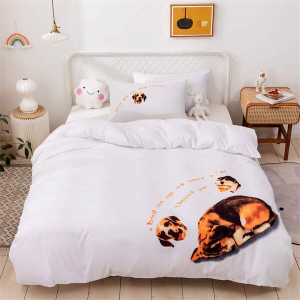 

Kids Dog Print Bedding Set Without Filler, White