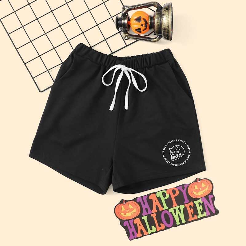 

Halloween Graphic Drawstring Shorts, Black