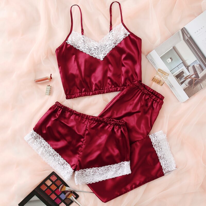 

3pcs Contrast Lace Scallop Satin Night Set, Burgundy