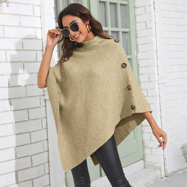 

Button Side Turtleneck Ribbed Poncho, Khaki