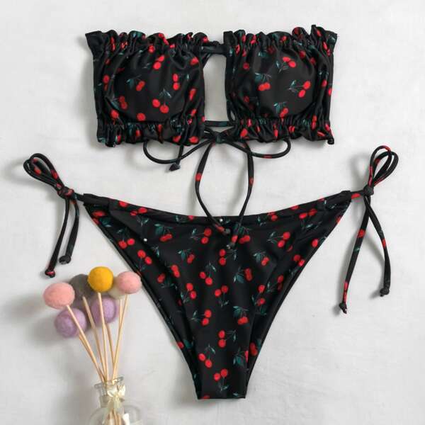 

Cherry Print Frill Bandeau Tie Side Bikini Swimsuit, Black