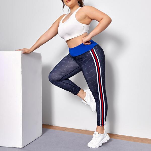 

Plus Letter And Side Striped Sports Leggings, Navy blue