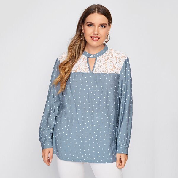 

Plus Keyhole Neck Lace Yoke Confetti Heart Blouse, Dusty blue
