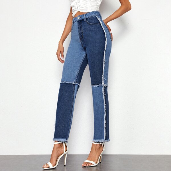 

High Waist Raw Hem Straight Jeans, Multicolor