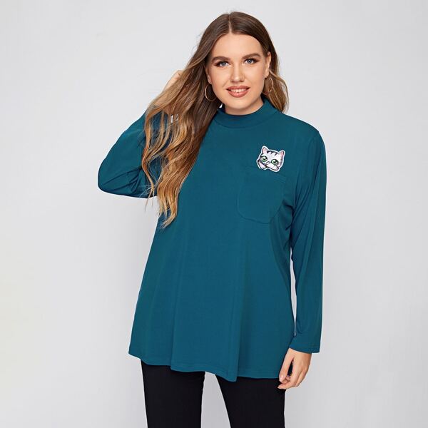 

Plus Cat Patched Mock Neck Longline Tee, Teal blue