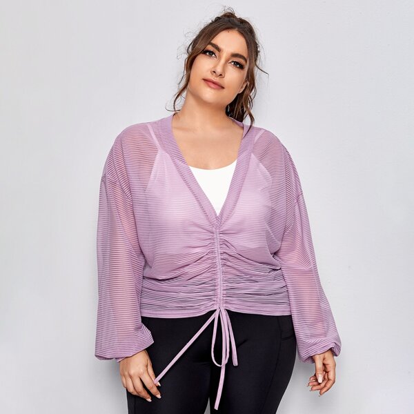 

Plus Drawstring Ruched Sheer Sports Top With Cami Top, Lilac purple
