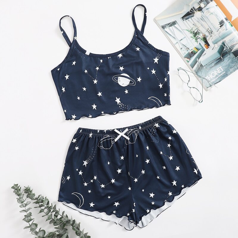 

Star And Moon Print Bow Detail Cami PJ Set, Navy blue