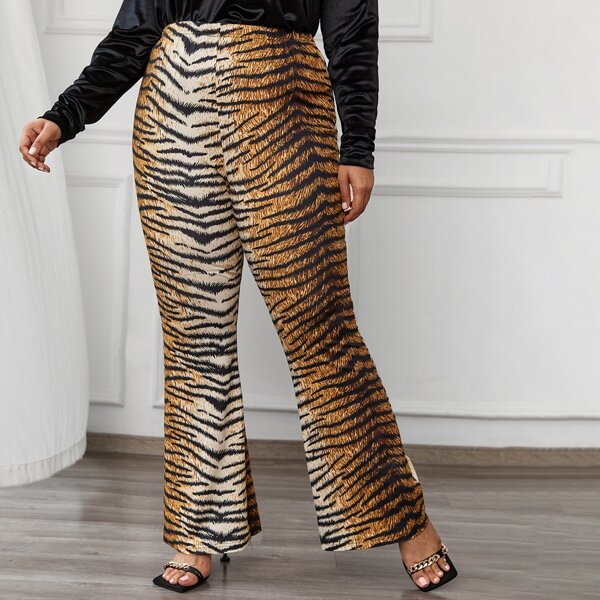 

Plus Tiger Print Flare Leg Pants, Multicolor