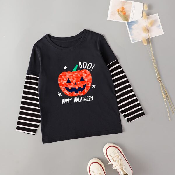 

Toddler Girls Halloween Print Striped Sleeve Tee, Black