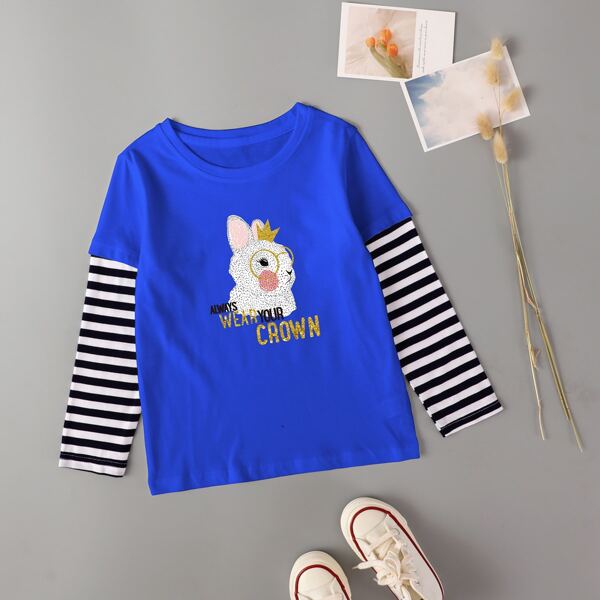 

Toddler Girls Rabbit Print Striped Sleeve Tee, Royal blue
