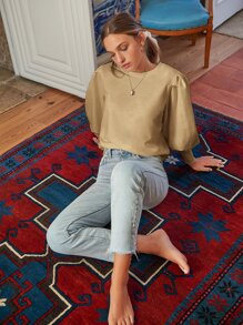 Leg-of-mutton Sleeve Solid Sweatshirt - Khaki - View 3