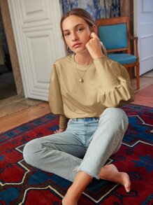 Leg-of-mutton Sleeve Solid Sweatshirt - Khaki - View 4