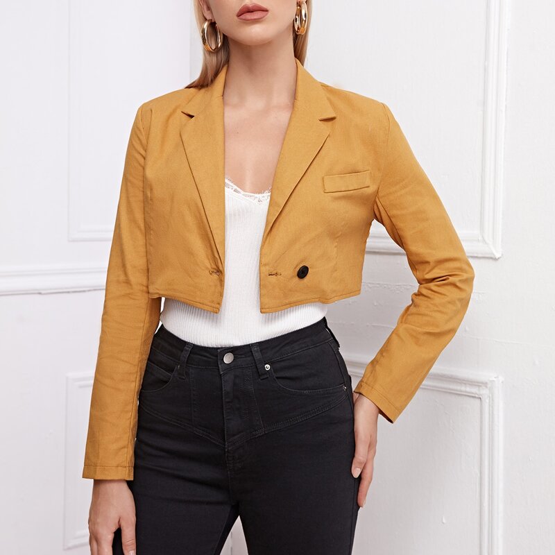 

Single Button Lapel Collar Crop Blazer, Mustard yellow