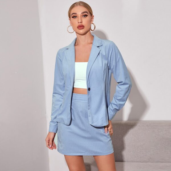 

Corduroy Single Button Lapel Collar Blazer With Skirt, Baby blue