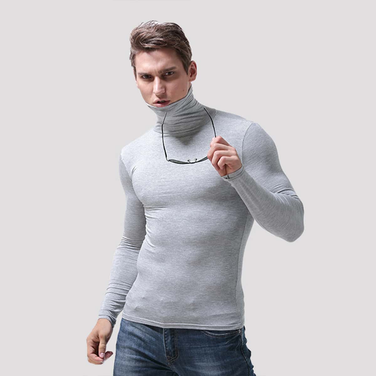 

Guys Solid Turtle Neck Long Sleeve Tee, Light grey