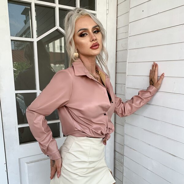 

Button Front PU Leather Coat, Pastel dusty pink