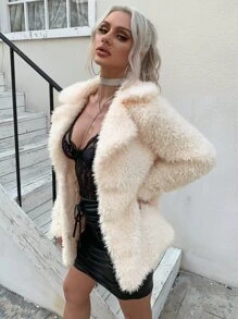 Eilly Bazar Notched Collar Fuzzy Coat - Beige - View 1