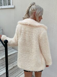 Eilly Bazar Notched Collar Fuzzy Coat - Beige - View 2