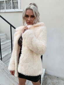 Eilly Bazar Notched Collar Fuzzy Coat - Beige - View 4