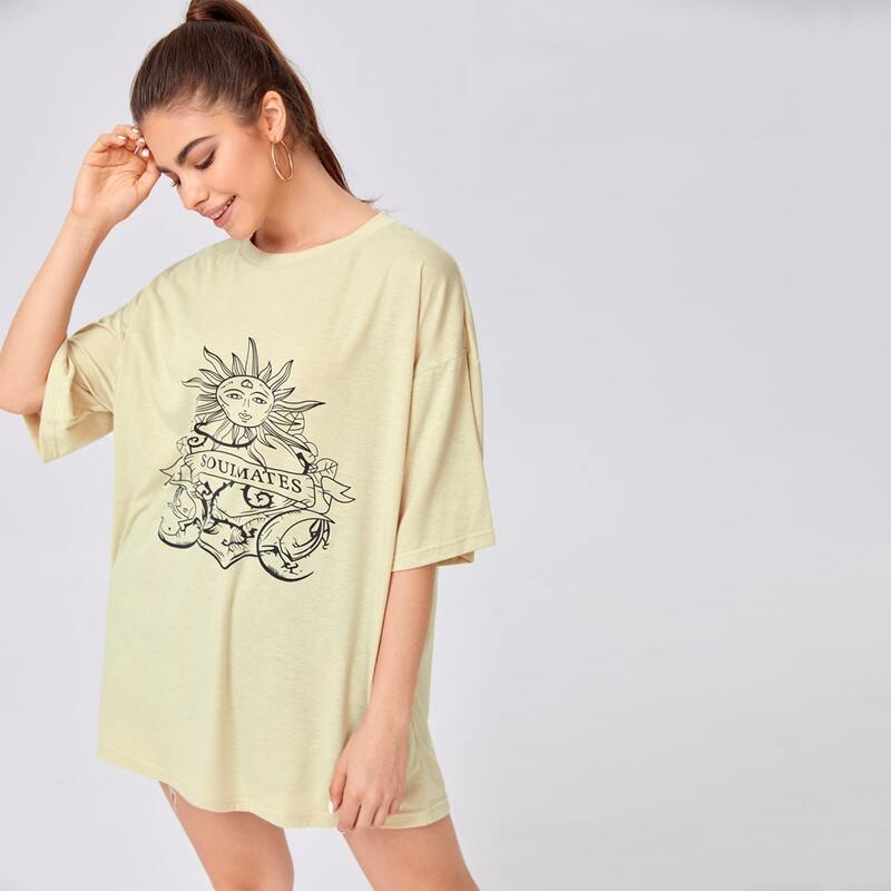 

Letter Sun & Moon Graphic Oversized Tee, Beige