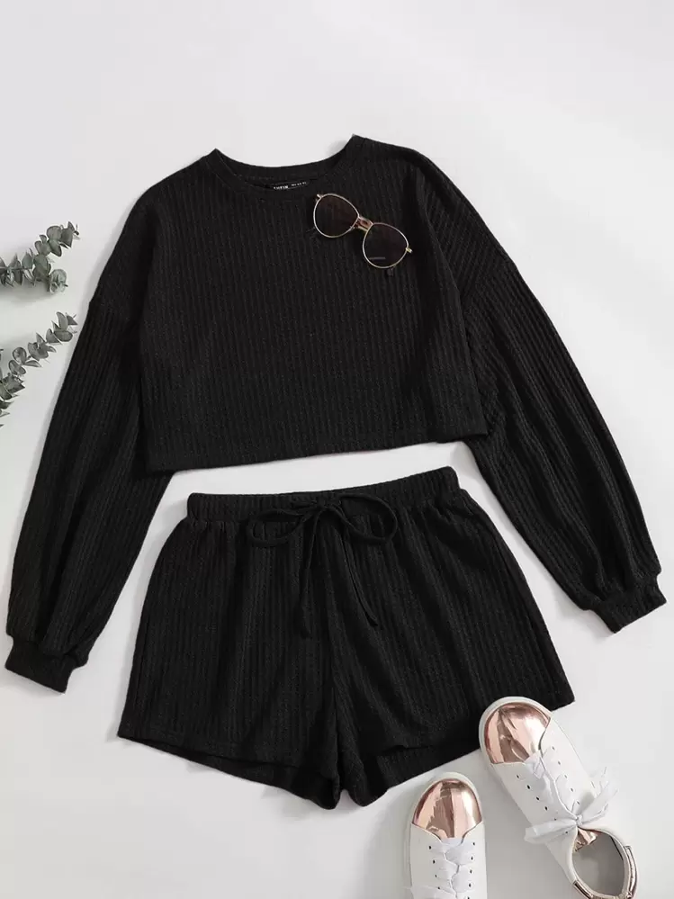 SHEIN Conjunto top tejido de hombros caídos con shorts - Negro - Añade 1