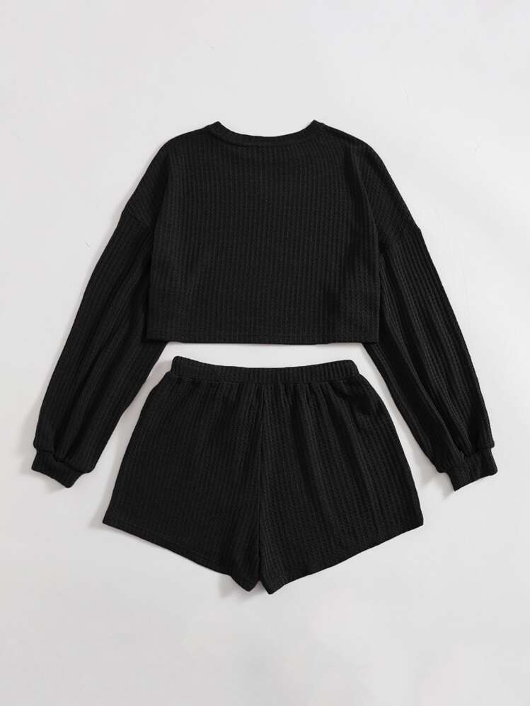 SHEIN Conjunto top tejido de hombros caídos con shorts - Negro - Añade 2