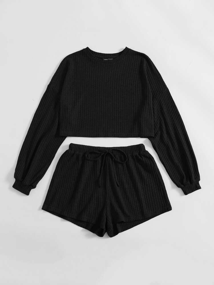 SHEIN Conjunto top tejido de hombros caídos con shorts - Negro - Añade 4