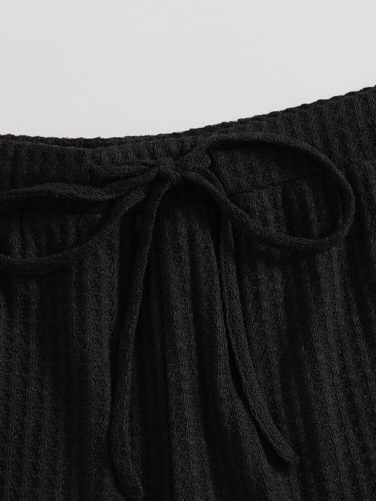 SHEIN Conjunto top tejido de hombros caídos con shorts - Negro - Añade 6