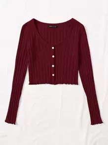 SHEIN Qutie Buttoned Front Lettuce Trim Rib-knit Tee - Maroon - View 1
