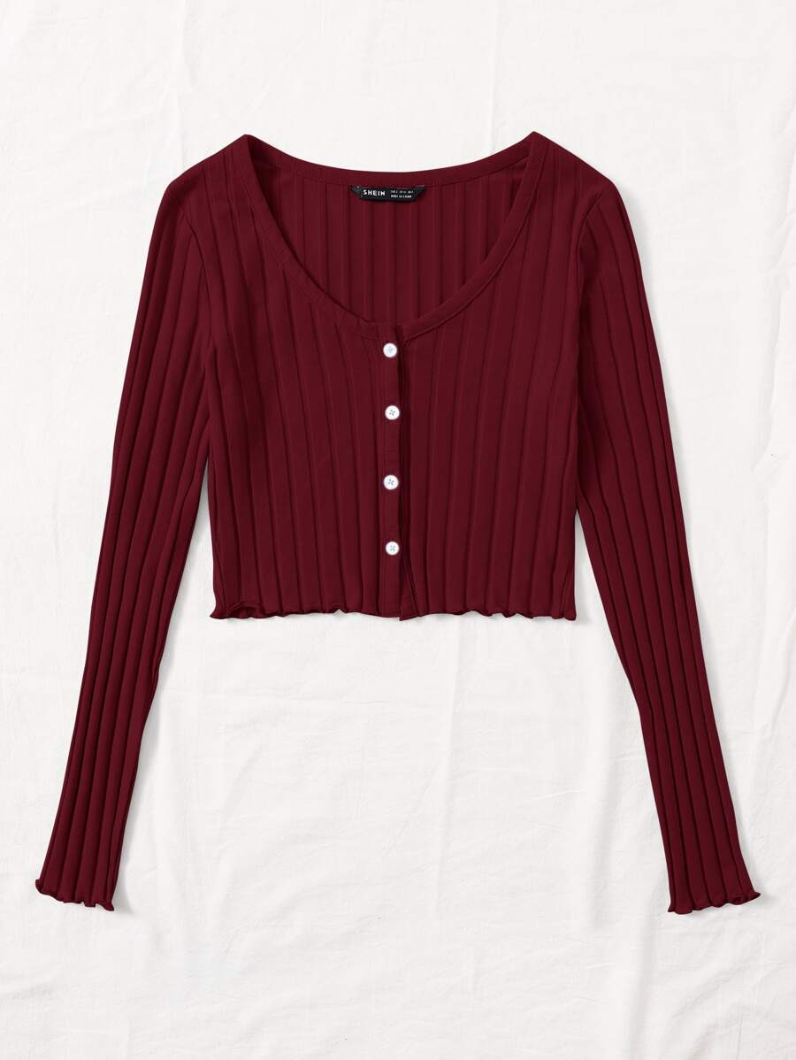 SHEIN Qutie Buttoned Front Lettuce Trim Rib-knit Tee - Maroon - View 1