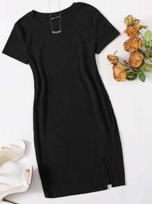 SHEIN Essnce Rib-knit Split Hem Dress - Black - View 1
