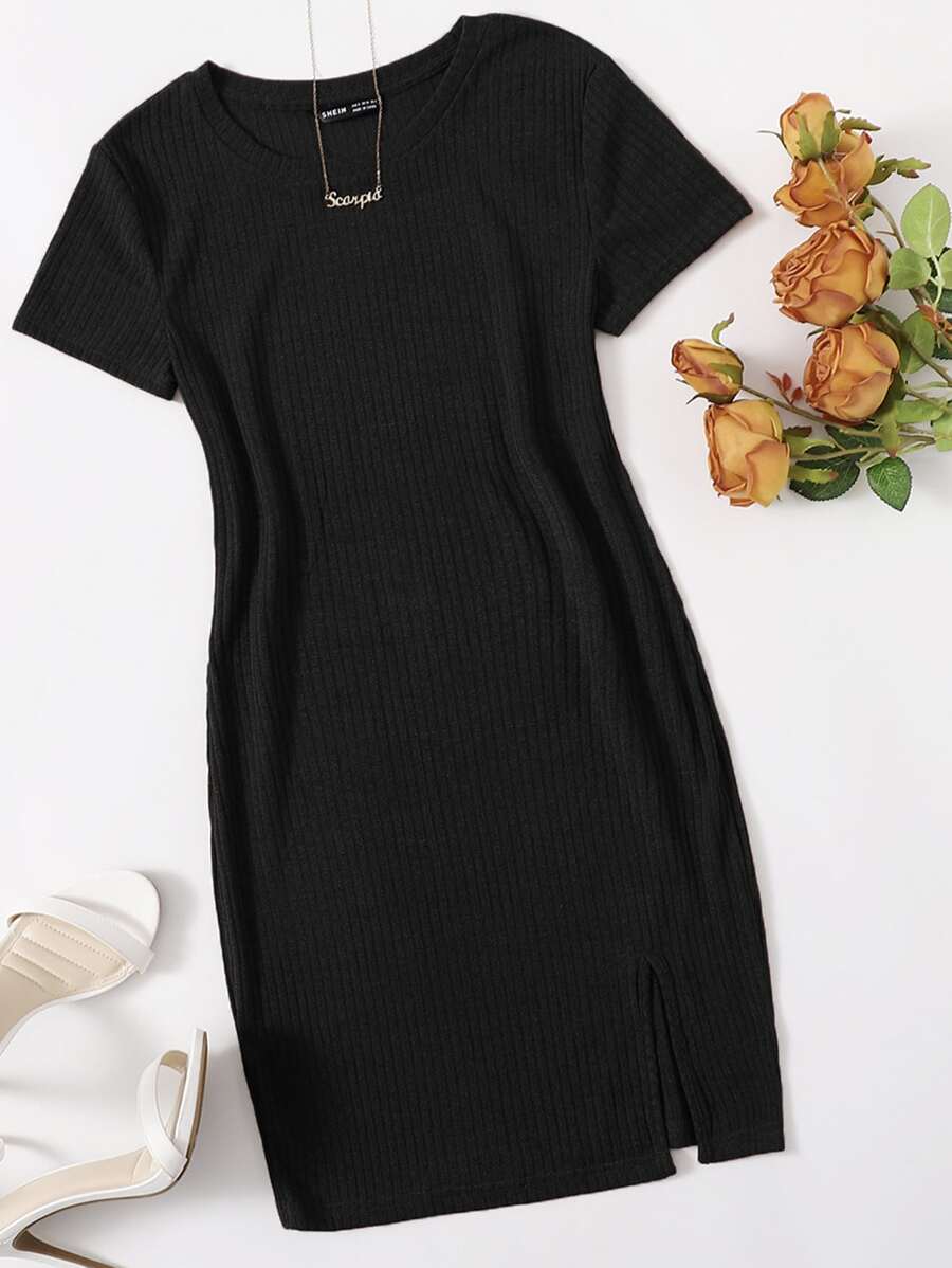 SHEIN Essnce Rib-knit Split Hem Dress - Black - View 1