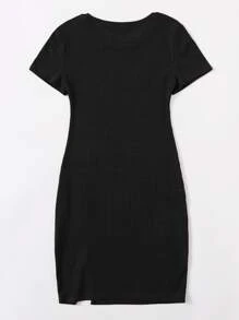 SHEIN Essnce Rib-knit Split Hem Dress - Black - View 2