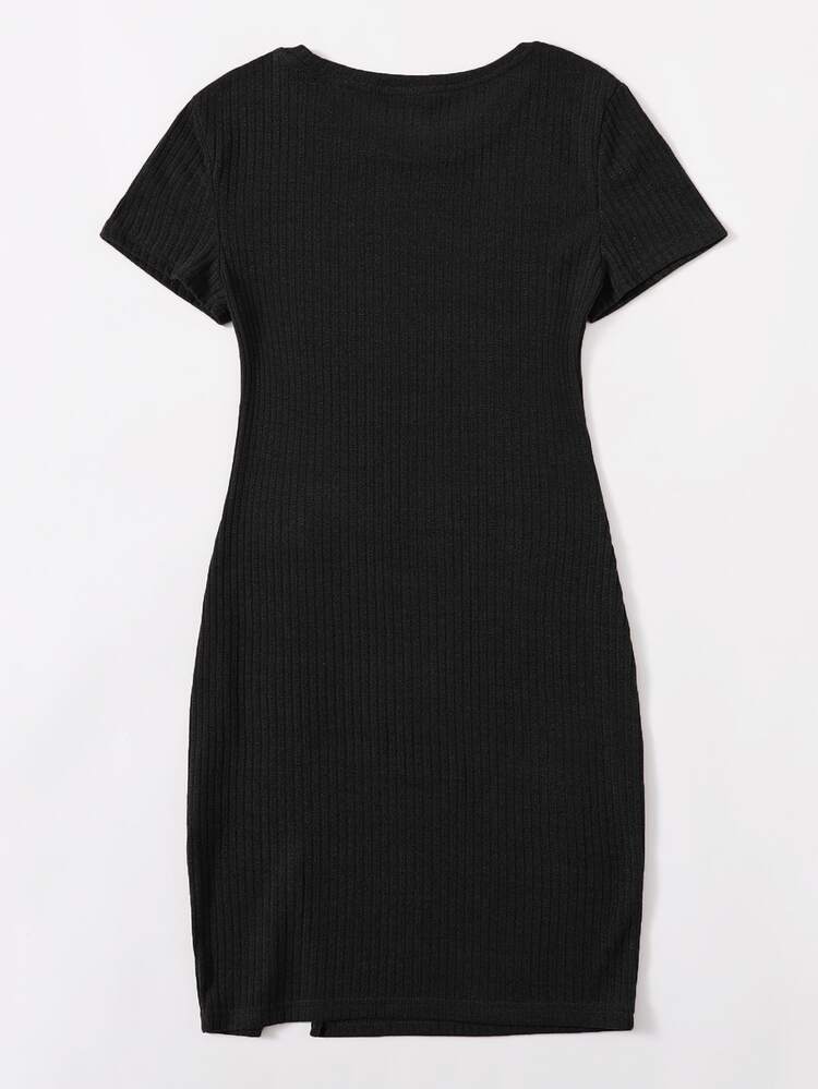 SHEIN Essnce Rib-knit Split Hem Dress - Black - View 2