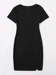 SHEIN Essnce Rib-knit Split Hem Dress - Black - View 3