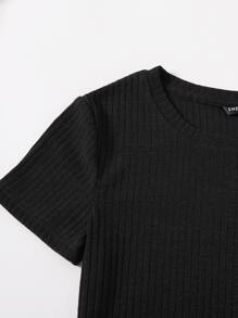 SHEIN Essnce Rib-knit Split Hem Dress - Black - View 4