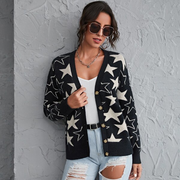

Button Placket Star Pattern Cardigan, Black